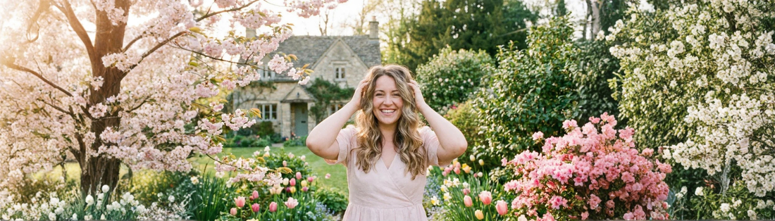 femme souriant dans son jardon fleuri