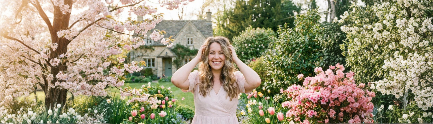 femme souriant dans son jardon fleuri