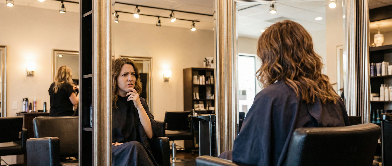 femme se questionnant dans un salon de coiffure 