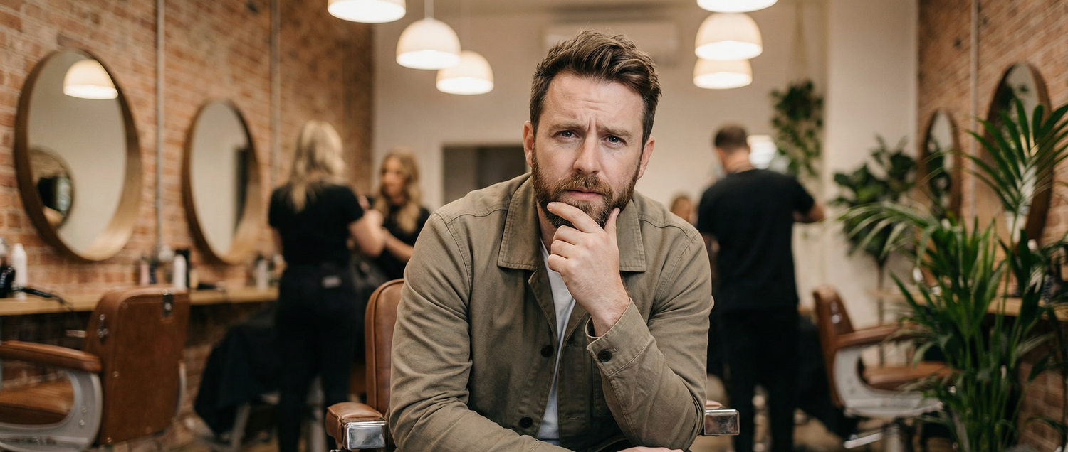 homme dans un salon de coiffure se questionnant