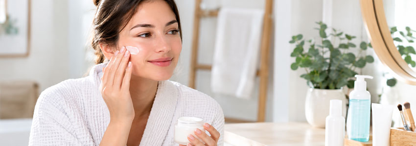 Femme qui met de la crème sur le visage car sa peau tiraille