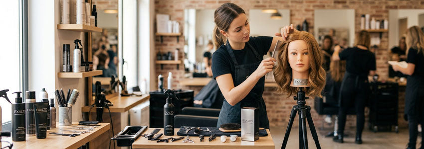Elève coiffeuse qui s'entraîne sur une tête malléable Exalto