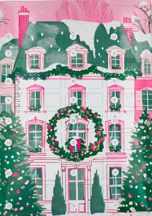 Calendrier de l'Avent Gouiran Beauté 2026, façade de maison enneigée rose et verte