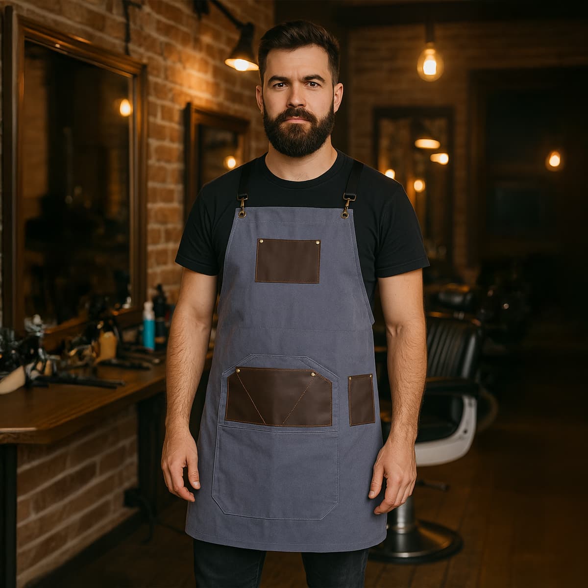 Barber Apron Grey Fabric Leather Pocket